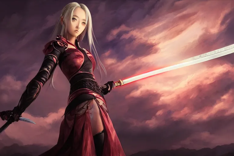 Prompt: beautiful girl holding a red eye imprinted ego sword at the top of clouds, dawn, highlight on the blade, extremely detailed and beautiful aesthetic face, seductive pose, super detailed eyes, highly detailed, digital painting, highlight scene of the movie, smooth, illustration, unreal engine 5, 8 k, art by hiroaki samura and jiro matsumoto and yusuke murata