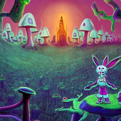 Image similar to 4 k headshot portrait of a psychedelic demonic anthropomorphic bunny rabbit with mushroom themed clothes, magic mushroom village in background. award winning, stylized neon, post - processing, masterpiece, superb resolution. in the art style of junji ito and greg rutkowski. detailed mushroom city in background. hyper realistic anime. perfect art. dalle 2