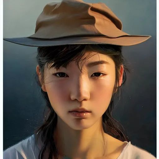 Prompt: oil painting by ilya kuvshinov,, chad knight, artgerm craig mullins, coby whitmore, of a youthful japanese girl, long hair, fishing and wearing fisherman's outfit, fisherman's hat, highly detailed, breathtaking face, studio photography, noon, intense bounced light, water reflection, large tree casting shadow, serine intense sunlight