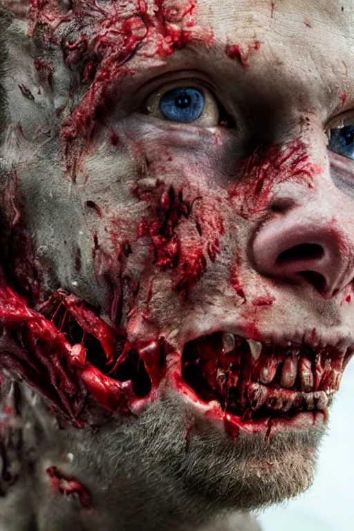 Prompt: up close photograph of a real - life zombie from the tv show the walking dead skin and jaw, studio camera shot on a red 5, award winning vfx and cinematography