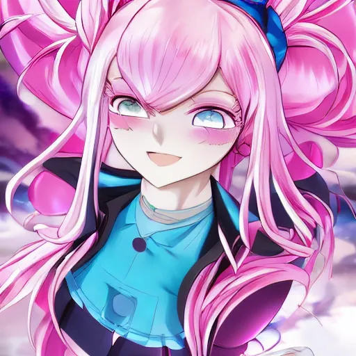 Image similar to stunningly beautiful omnipotent megalomaniacal anime goddess who looks like junko enoshima with symmetrical perfect face and porcelain skin, pink twintail hair and mesmerizing cyan eyes, looking down upon the viewer and taking control while smiling in a mischievous way, mid view from below her feet, hyperdetailed, 2 d anime, 8 k