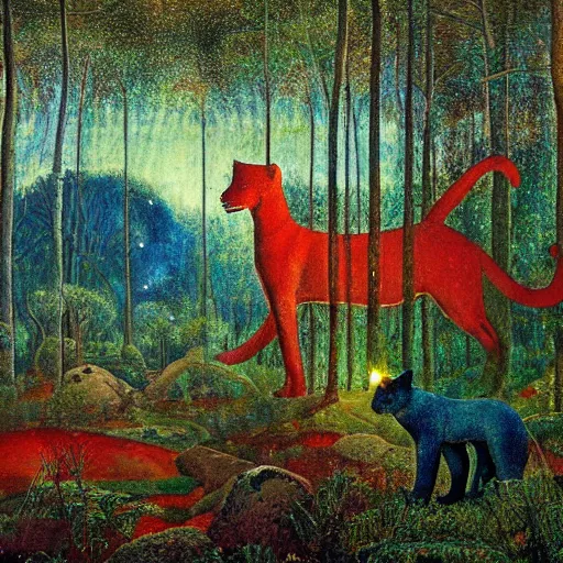 Prompt: psychedelic big cats hidden lush pine forest, outer space, milky way, designed by arnold bocklin, jules bastien - lepage, tarsila do amaral, wayne barlowe and gustave baumann, cheval michael, trending on artstation, star, sharp focus, colorful refracted sparkles and lines, soft light, 8 k 4 k