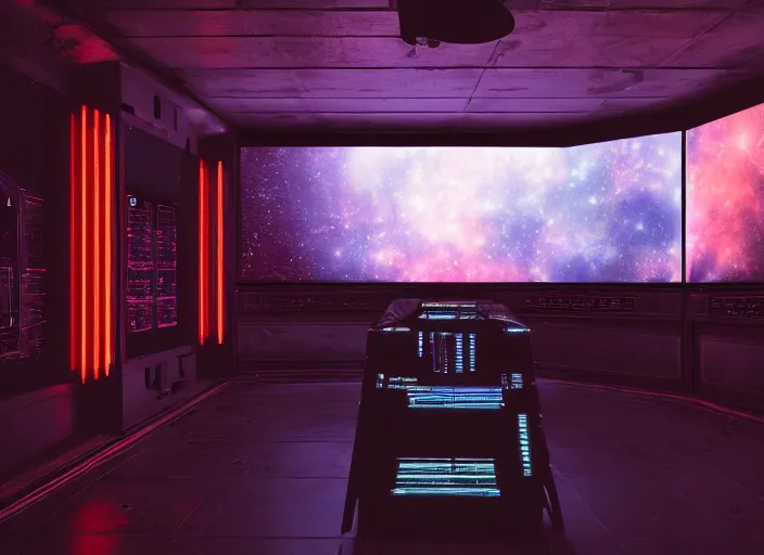 Image similar to a dimly lit room with a wall of televisions and computer screens showing images of aliens, planets and data. Cyberpunk vibes. Sci-fi. Realistic photography art. Zack Snyder. DSLR. 8k Resolution. VRay