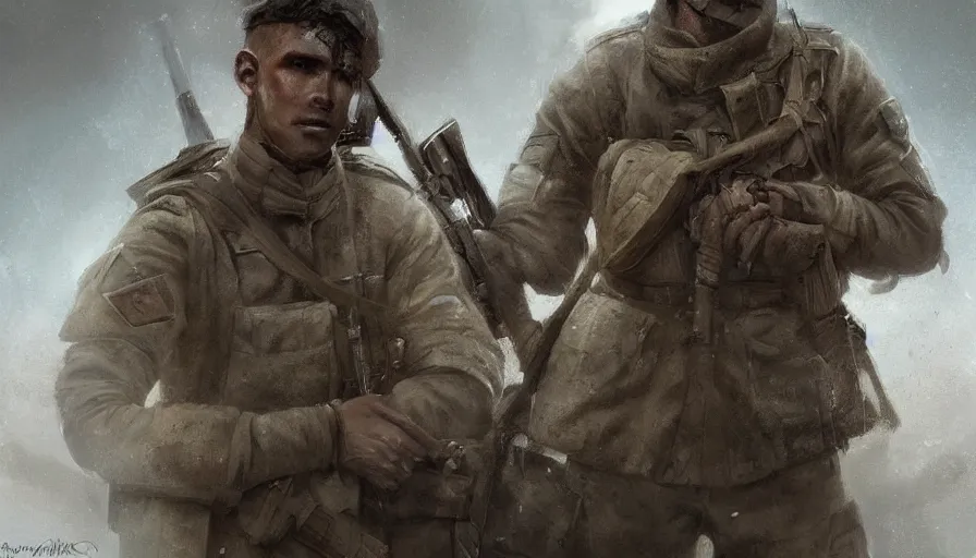 Prompt: beautiful digital painting of a love survivor, one soldier after his squad killed in action in a trench waiting for the war to end. cinematic lighting and rendering, atmospheric, concept art, high detailed faces, artstation by artgerm and greg rutkowski,,