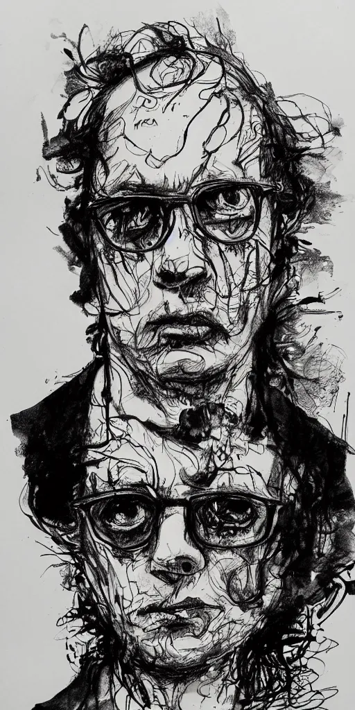 Image similar to a loose wild messy ink sketch portrait of a self portrait in the style of ralph steadman, caricature, dramatic