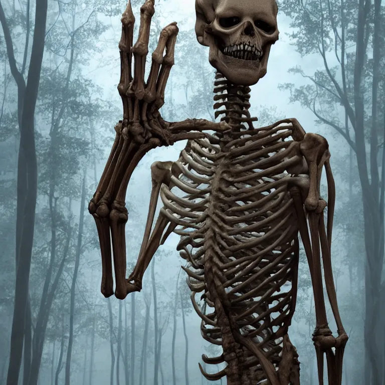 Image similar to octane render portrait by wayne barlow and carlo crivelli and glenn fabry, a freakish skeleton monster regenerating new flesh over itself, inside a suburban forest, volumetric fog and mist, light beams, cinema 4 d, ray traced lighting, very short depth of field, bokeh