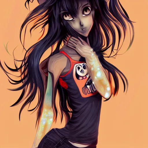 Image similar to anime wolf girl with wild black hair, glowing orange eyes and charcoal skin wearing a t-shirt and jeans, digital art, art station, illustration, highly detailed, artwork