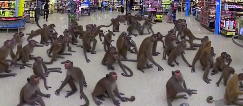 Image similar to cctv footage of a horde of monkeys raiding a walmart