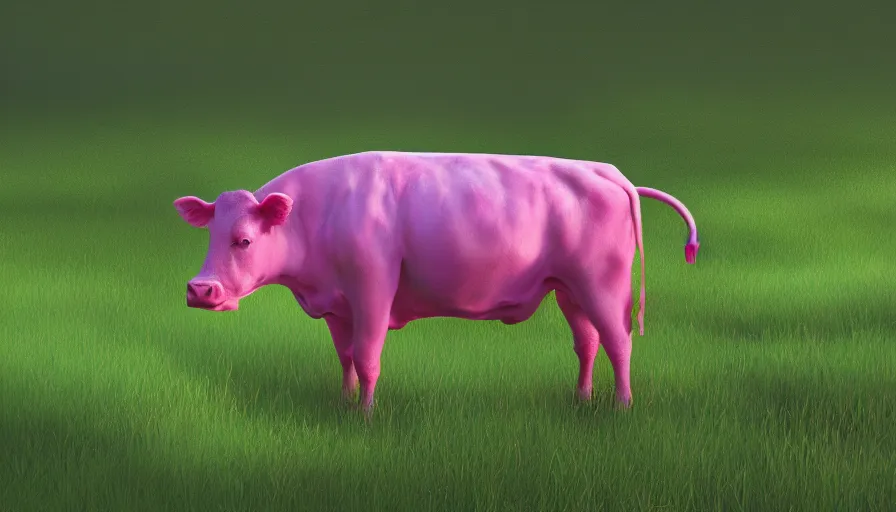 Image similar to pink cow in green field, hyperdetailed, artstation, cgsociety, 8 k