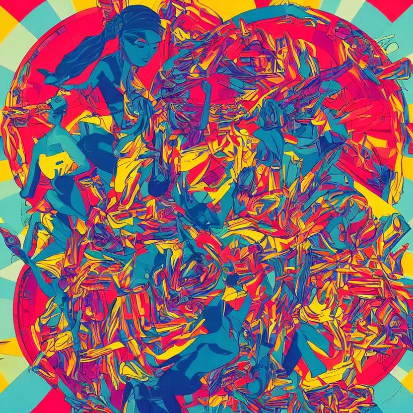 Image similar to album cover design depicting modern sculpture on lsd beautiful bright colors by tristan eaton and james jean