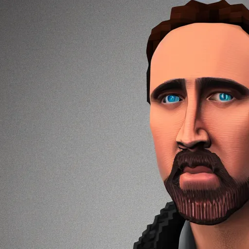 Image similar to Nicolas Cage in Minecraft, actual screenshot, 4k, hdr, RTX on, ultra settings,