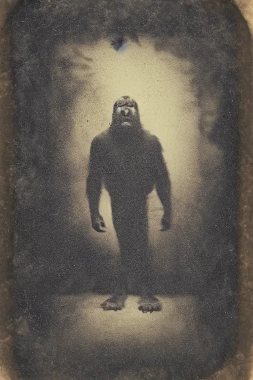 Image similar to a tintype photograph of an angry bigfoot