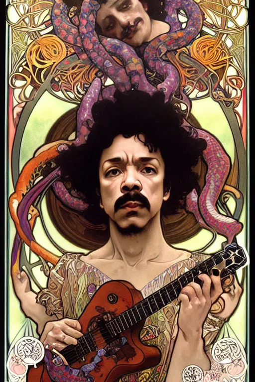 Image similar to realistic detailed face portrait of Carlos Santana playing guitar with snakes around and evolving from his body by Alphonse Mucha, Ayami Kojima, Amano, Art Nouveau, rich deep moody colors