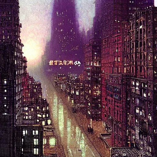 Image similar to retrofuturistic city by John Atkinson Grimshaw, Richard Corben