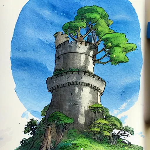 Image similar to laputa castle in the sky robot hayao miyazaki stands in a small clearing among trees, watercolor illustration for a book