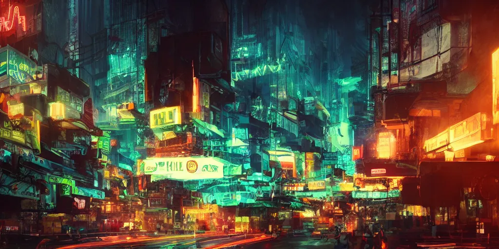 Image similar to a guatemalan solitary cyberpunk city with neon ads and signs with evocative dramatic mood with blade runner vibe with cars and floating vehicles with motion blur with depth of field with bloom with lightshaft with volumetric lights, fog, by jeremy mann, oscar winning graphics, photo realistic, bloom, imax, dynamic lighting, artstation,