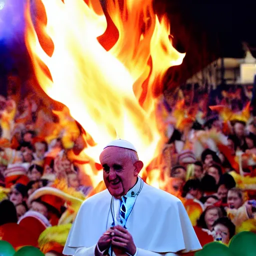 Image similar to a photo of the pope breathing fire at a carnival sideshow