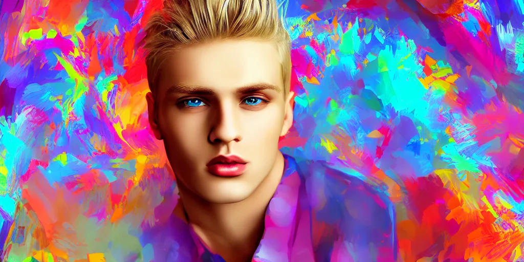 Image similar to extremely beautiful blonde young man with hyperealistic glossy eyes, digital art, colourful background seductive.