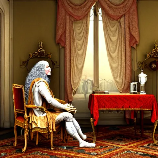 Image similar to An extremely detailed render of a mummy in very old clothes, sitting at his Louis XIV desk, with very old curtains in the room, very old room. The very very very old man has a 1880 phone on his desk. Dust in the air, god rays, raytracing shadows, ambient occlusion, 8K, RTX 3090, trending on artstation, lumens