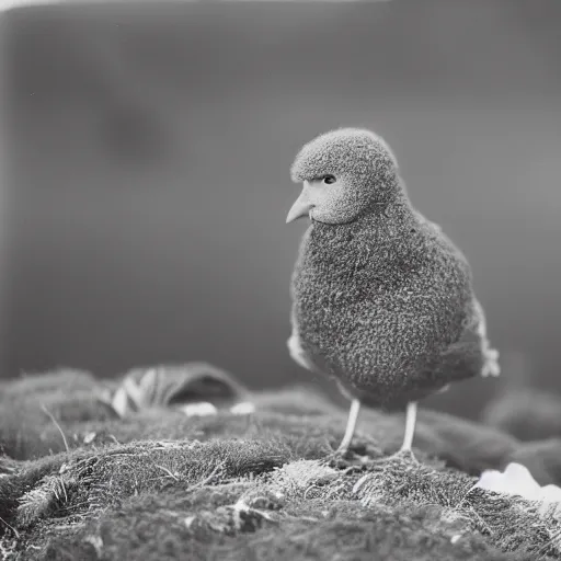 Prompt: a kiwi bird with a wooly hat, 35mm photograph