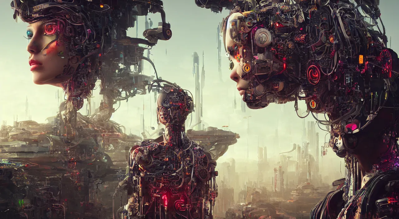 Image similar to portrait of a biophilic cyborg with psychedelic eyes, in background cyberpunk landscape, ultra realistic, concept art, intricate details, highly detailed, photorealistic, octane render, 8 k