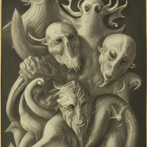 Image similar to portrait mezzotint of a group of mythical monsters and beasts in a squishy style