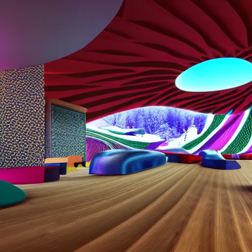 Image similar to : hyperbolic psychedelic ski resort, luxury, modern architectural plans hyper - realistic, detailed, render by c 4 d octane, unreal engine, 8 k 3 d render ray traceing