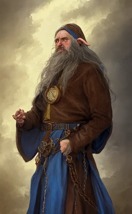 Image similar to portrait of a middle aged elf with a long beard, dressed in a blue cloak with clock iconography, brown hair, raised hand, detailed face, fantasy, highly detailed, cinematic lighting, digital art painting by greg rutkowski