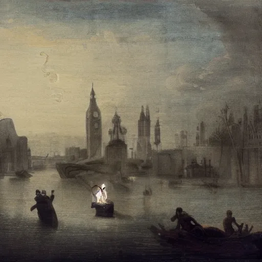 Image similar to charon on one end of a reaper boat and a london banker sitting on the other end on the river styxx with submerged buildings in the backround