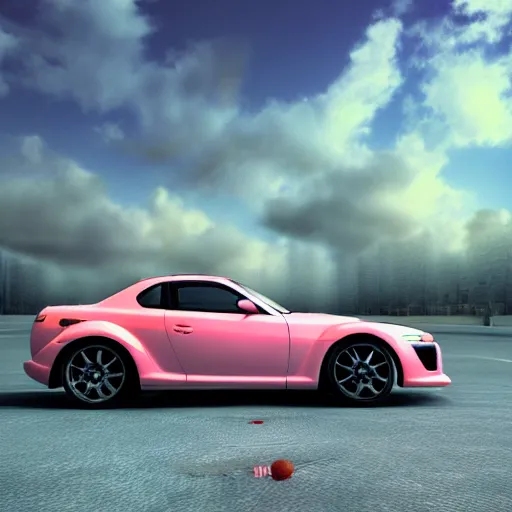 Image similar to Mazda RX-8 driving in a vaporwave landscape. Cats are flying out of the car windows. Digital render. 3DSMAX, Cinema 4D. Unreal engine.