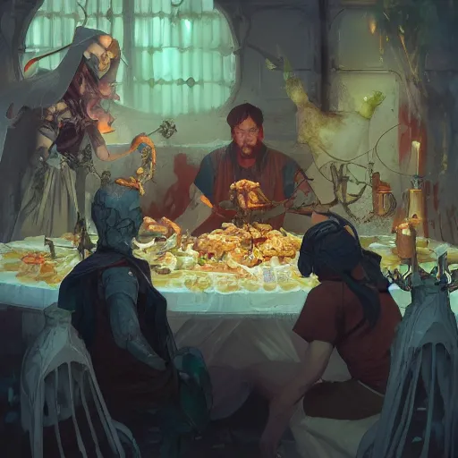 Prompt: A necromancer being served dinner by his loyal band of skeletons, digital painting, detailed, artstation, pixiv, Krenz Cushart, Greg Rutkowski, Alphonse Mucha, Artgerm