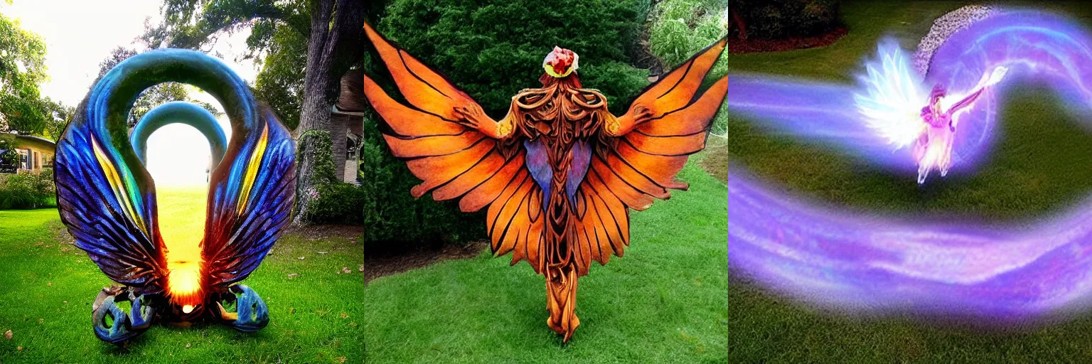 Prompt: < photo hd trending epic mythical magic > a mystical portal has opened on my lawn, a winged creature emerges < / photo >