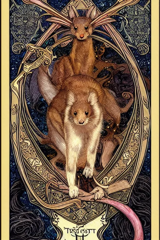 Image similar to Tarot card illustration of The Stoat, illustration by Ayami Kojima, art nouveau style, elaborate details, 4k