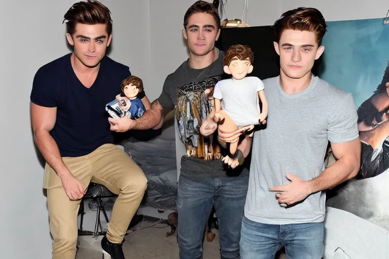 Image similar to studio lit zac efron holding a tom holland doll in one hand and a robert pattison doll in his other hand, zac efron looking at the camera very confused