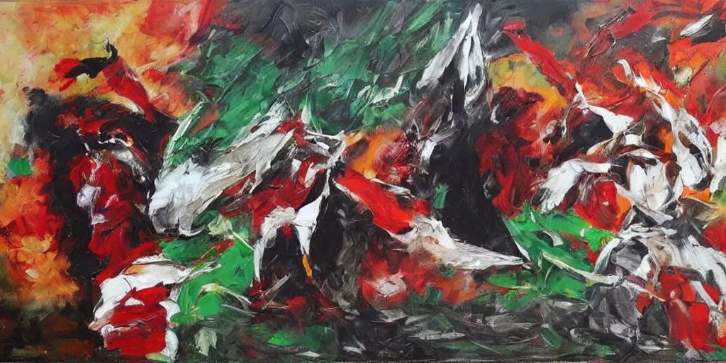 Image similar to dramatic oil painting of freedom for palestine, red green white black