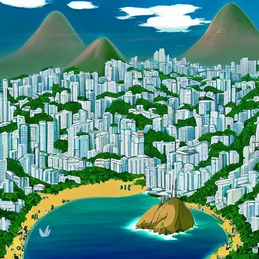 Image similar to a perfect picture of Rio de janeiro by studio Ghibli. Trending on art station and favorites on DeviantArt . Masterpiece and epic