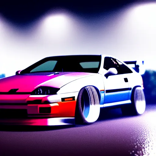 Image similar to a car 300ZX turbo drift at illegal car meet, Chiba prefecture, city midnight mist lights, cinematic lighting, photorealistic, highly detailed wheels, high detail