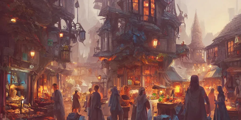 Prompt: a busy fantasy street market from within a fascinating old city, by Sylvain Sarrailh, by Sebastian Luca, by Nicodemus Yang-Mattisson, cinematic, simple but effective composition, clean lines, beautiful digital painting, oil painting, dungeons and dragons, lord of the rings