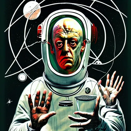 Image similar to graphic illustration, creative design, aleister crowley as an astronaut, biopunk, francis bacon, highly detailed, hunter s thompson, concept art