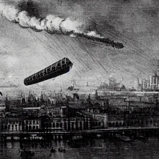 Image similar to grainy 1800s photo of a dirigible warship being shot down over a city