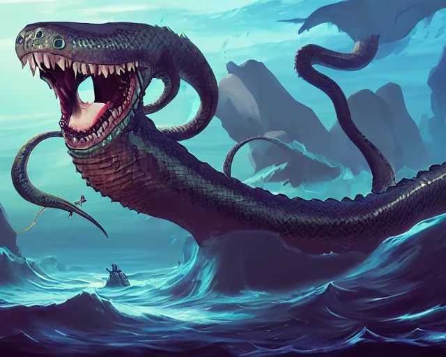 Image similar to sea of thieves animal boss character concept art for a gigantic sea serpent snake leviathan, cgsociety, trending on artstation, rare ltd,