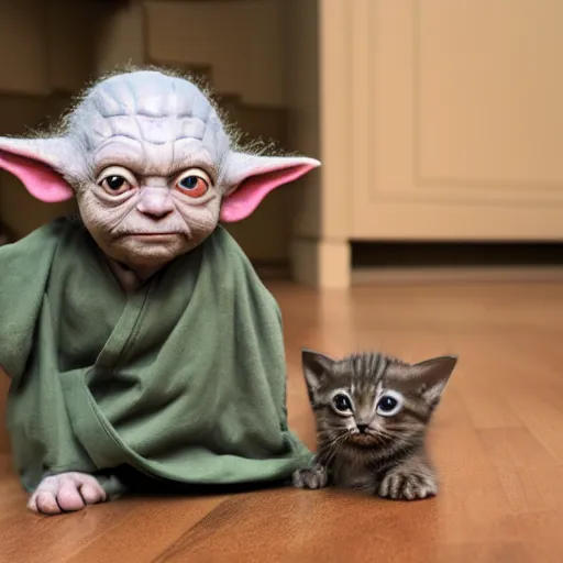 Image similar to Jedi master yoda playing with a kitten 8k