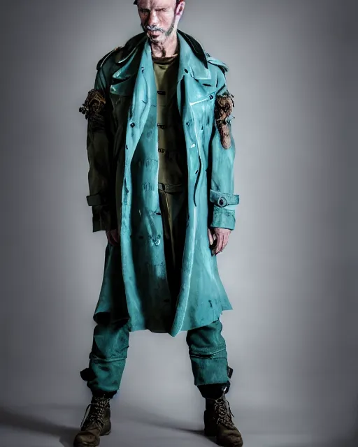 Image similar to an award - winning photo of an ancient male model wearing a plain baggy teal distressed medieval designer menswear military jacket designed by alexander mcqueen, 4 k, studio lighting, wide angle lens