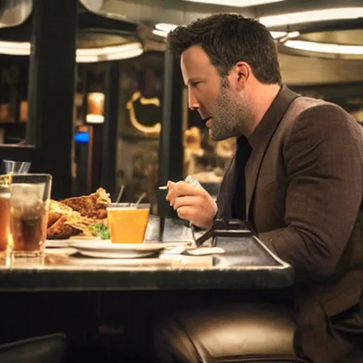 Image similar to A still of Ben Affleck's Batman eating at Denny's, 4k, photograph, ultra realistic, highly detailed, studio lighting