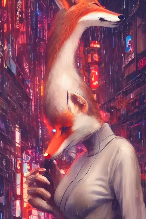 Prompt: beautiful portrait of a tall female anthro fox smoking a cigarette white standing head and shoulders taller than the bustling crowd of a rainy city street, cyberpunk, harsh neon lights, highly detailed, sharp focus, digital painting, illustration, trending on artstation, art by sakimichan, artgerm