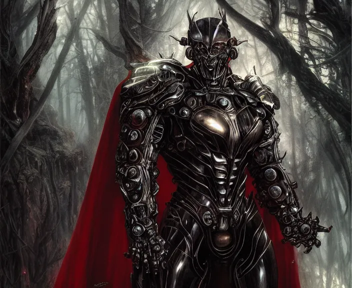 Image similar to 5 5 mm close up portrait photo of an armored biomechanical demonic superman looking at the camera, in a magical forest. dark atmosphere. art by greg rutkowski and luis royo. highly detailed 8 k. intricate. lifelike. soft light. nikon d 8 5 0.