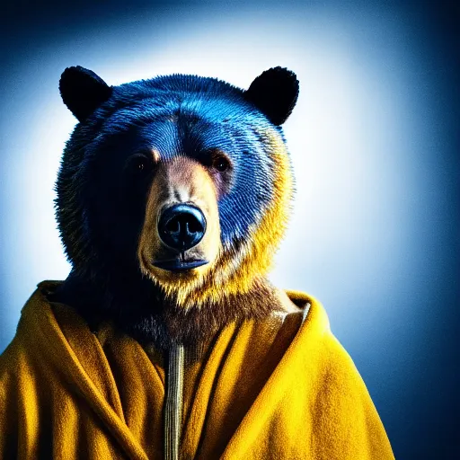 Image similar to portrait photo of a bear as a jedi, blue and yellow lighting, dark, cinematic, high quality, 4 k