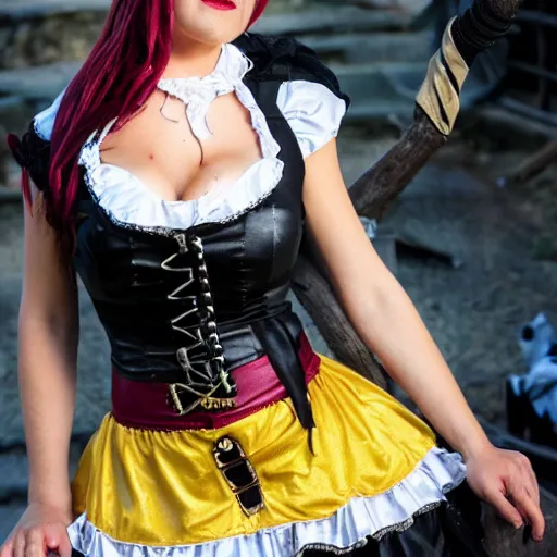 Image similar to a buxom pirate wench wearing a short skirt, halloween, cosplay, beautiful gazing eyes