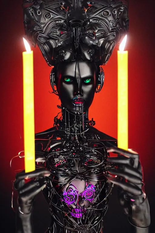 Prompt: full-body cyberpunk style sculpture of a young beautiful dark priestess, half android with a head opening exposing circuitry, glowing red eyes, black roses, flowing blood red colored silk, fabric, candles, baroque elements, human skull, full-length view. baroque element. intricate artwork by Caravaggio. crows flying in background. Trending on artstation, octane render, cinematic lighting from the right, hyper realism, octane render, 8k, depth of field, 3D