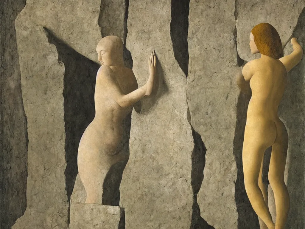 Image similar to Woman transforming into a rock and a flower sculpted by Henri Moore. Textured cavern walls. Fern. Painting by Piero della Francesca, Morandi, Alex Colville